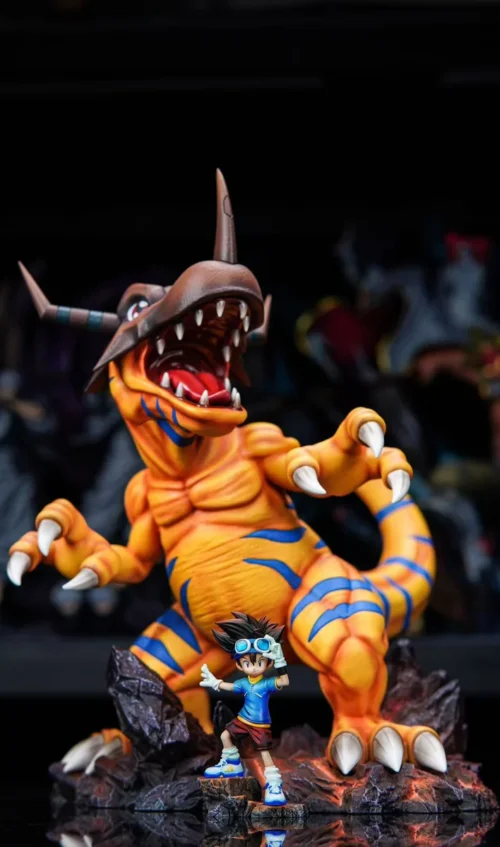 Close-up views of the limited edition Greymon & Tai Kamiya Digimon Adventure premium resin statue, showcasing its dynamic battle pose and intricate.