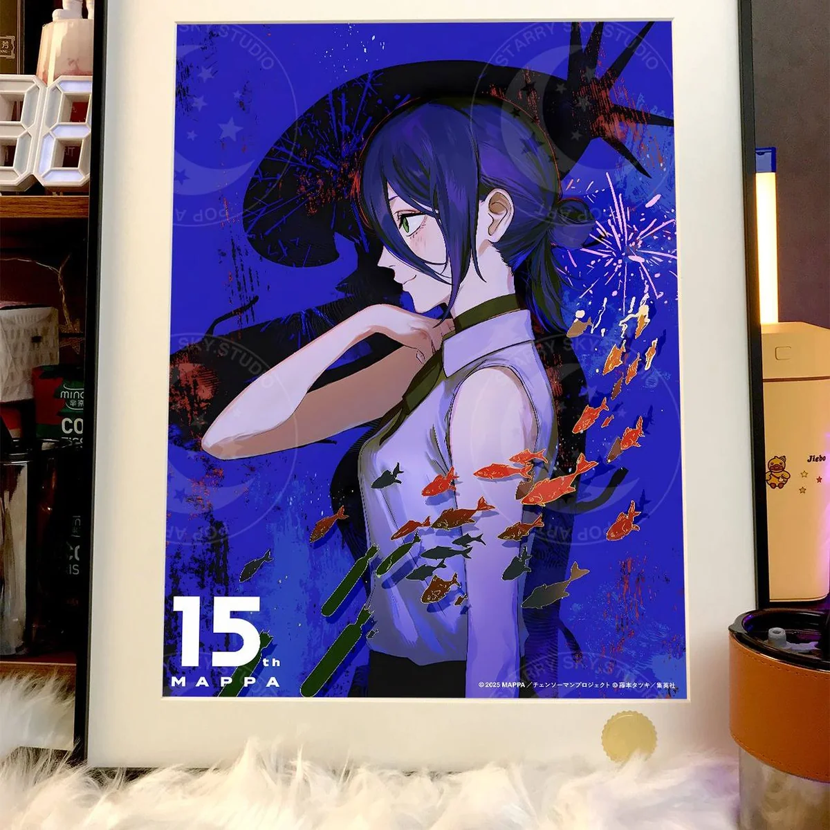 "Close-up of the Limited Edition Starry Sky Denji & Reze Chainsaw Man decorative painting, showcasing its hand-numbered framed art print."
