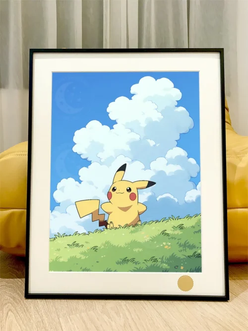 "Limited edition Pikachu art print: a whimsical Pikachu under a cosmic starry night grassland. This hand-numbered, framed collectible painting."