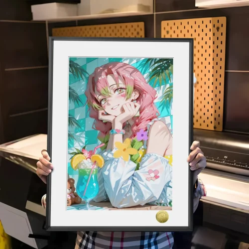 "Vibrant Demon Slayer Mitsuri Kanroji art print enjoying a refreshing summer ice drink, an exclusive HuangGua Studio fan art piece perfect."