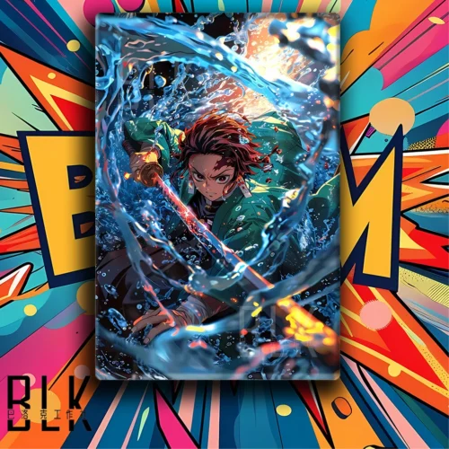 "Demon Slayer Painting showcasing Tanjiro Kamado in a dynamic, high-contrast Baroque artistic style. Explore various angles and intricate brushwork of."