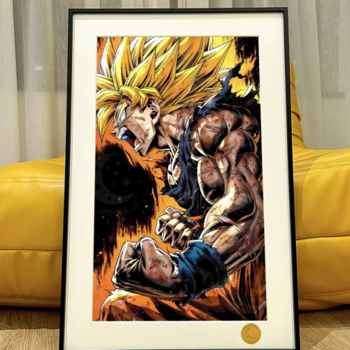 "Limited Edition Super Saiyan Goku art print with dynamic pose, vibrant colors, and cosmic galaxy background. A premium collectible Dragon Ball."