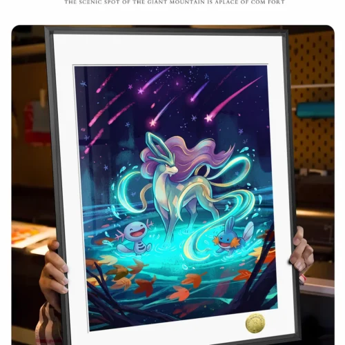 "Limited Edition Suicune Aurora decorative painting. Detailed artistic views of mystical Suicune, vibrant aurora, dynamic water, and ethereal light."