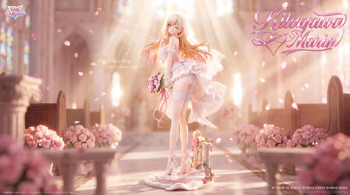"Marin Kitagawa Wedding Dress Figure. Exquisite 1/6 scale statue by GY-Studio, showcasing intricate details of her radiant bridal gown."
