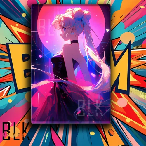 "Baroque Pink Sailor Moon art print. High-definition, waterproof framed art of Usagi Tsukino. Multiple views show vibrant imagery and sculptural detai."