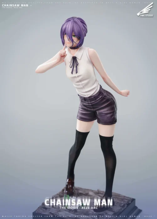 "Dynamic angle of the 1/4 Reze Chainsaw Man statue by Time Studio, highlighting her explosive pose, intricate details, premium materials."