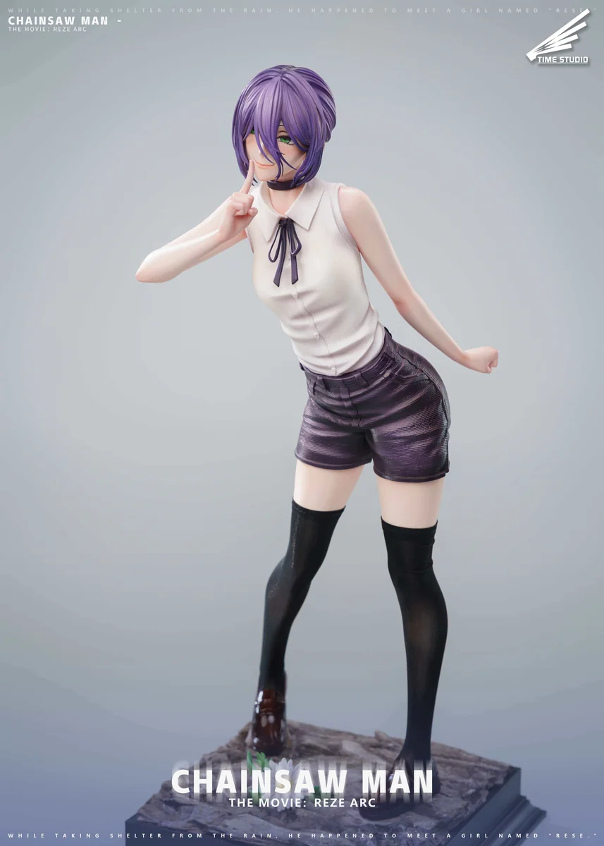 "Dynamic angle of the 1/4 Reze Chainsaw Man statue by Time Studio, highlighting her explosive pose, intricate details, premium materials."