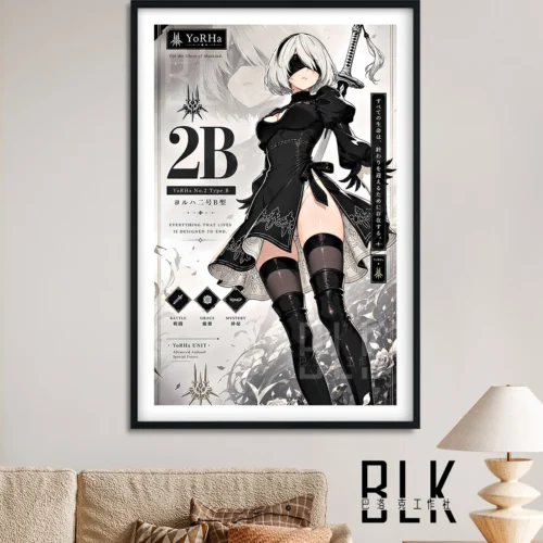 "A gallery of the premium framed Nier: Automata 2B Baroque style decorative painting, showcasing its dramatic artistic details and elegant frame."