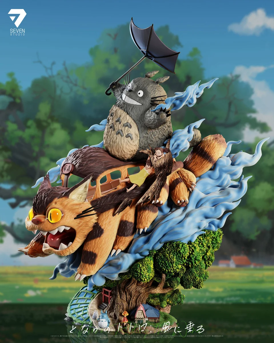 "Detailed views of the Limited Edition Totoro Whimsical Flight Diorama Statue, highlighting LED Catbus, flying Totoros, and intricate scene sculpture."
