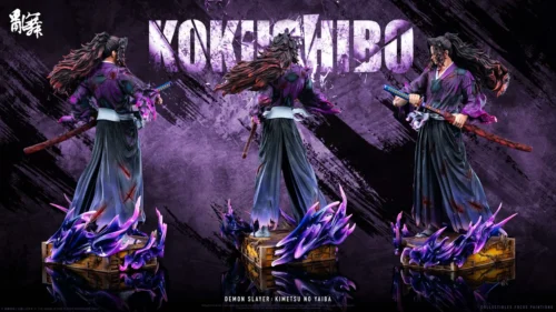 "Dynamic view of the exquisite 1/6 scale Kokushibo Demon Slayer resin statue, highlighting detailed sculpt and dramatic ink-wash aesthetic."