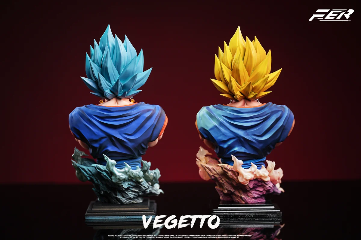"Fer Studio's 1/5 Vegetto Bust Statue. See exquisite details of its dual Super Saiyan forms from multiple angles. A premium Dragon Ball collectible."