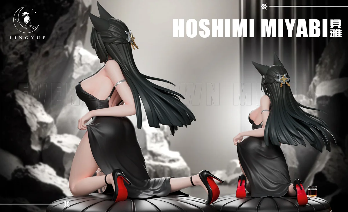 "Detailed view of the 1/6 Hoshimi Miyabi Evening Gown Zenless Zone Zero statue. Lingyue Studio's exquisite design and premium materials are showcased."