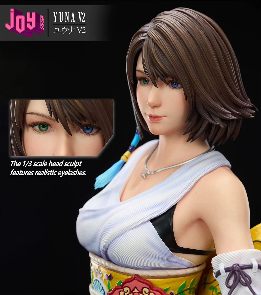 "Premium 1/3 scale Final Fantasy X Yuna 2.0 resin statue, capturing her dynamic summoner pose amidst ethereal water and spiritual effects."