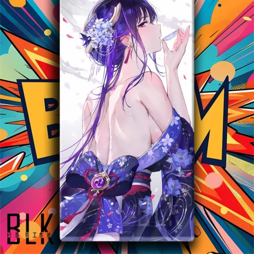 "Genshin Impact Raiden Shogun Baroque painting gallery. Elegant 'tipsy' portrait, soft hues, premium details, and depth from various angles."
