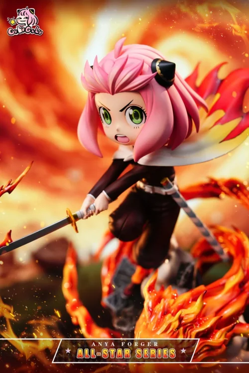 "Anya Rengoku Demon Slayer Spy x Family crossover resin statue from various angles, showcasing its dynamic pose and playful interchangeable head."