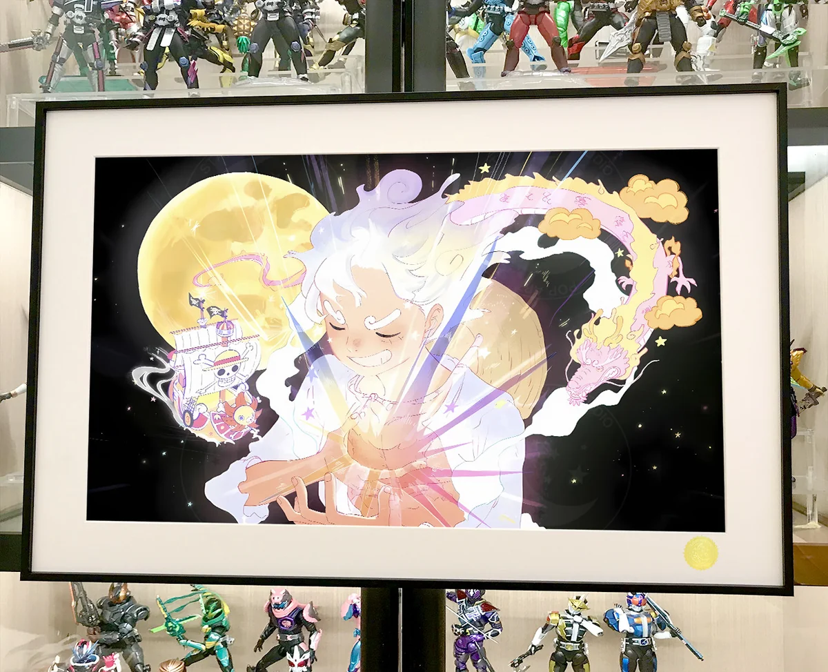 "Close-up of the hand-numbered, limited edition One Piece 'Fly Dragon Nika' cosmic art print, highlighting Gear 5 Luffy's dynamic details."
