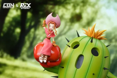 "Premium Digimon Mimi Palmon (Cactusmon) resin statue details from various angles, showcasing exquisite craftsmanship and the dynamic classic."