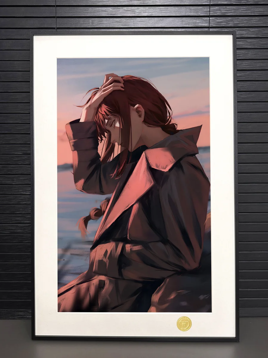 "Detailed views of the exclusive, limited edition Melancholic Makima art print from Chainsaw Man, highlighting its high-quality anime style."