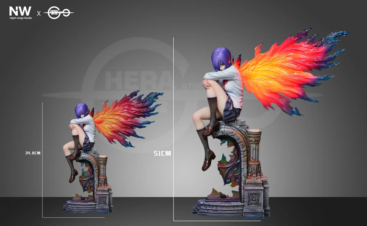 "Tokyo Ghoul Touka 1/4 scale figure by HERA Studio x Night Wing Studio. Dynamic pose with glowing LED Ukaku Kagune and realistic skin."