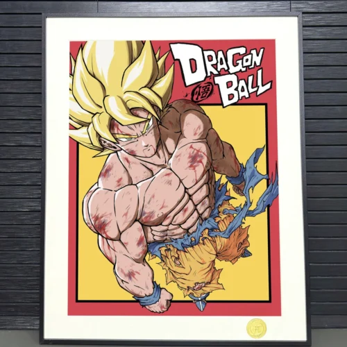 "Dynamic Super Saiyan Goku in an iconic battle pose, a vibrant Limited Edition Fine Art Print from Dragon Ball Z by H-TWO Studio."