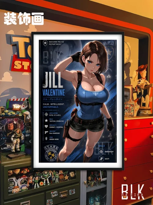 "Main image: A premium framed Jill Valentine art print from Resident Evil, showcasing her iconic character in a richly detailed, Baroque-inspired."