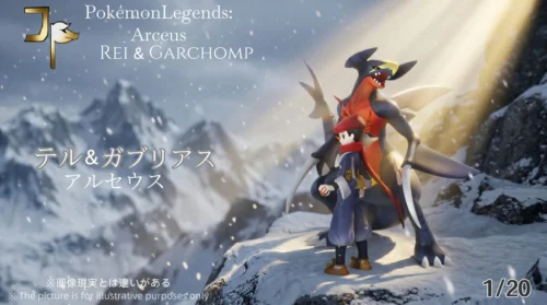 "A premium 1/20 JP-studio Pokémon Legends: Arceus statue showcasing an exquisite, dynamic battle scene with a trainer and Garchomp."
