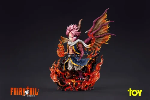 "Limited Edition WCF Scale Natsu Fairy Tail figure from TOY Studio, dynamic fiery action, vibrant effects, detailed sculpture from various angles."