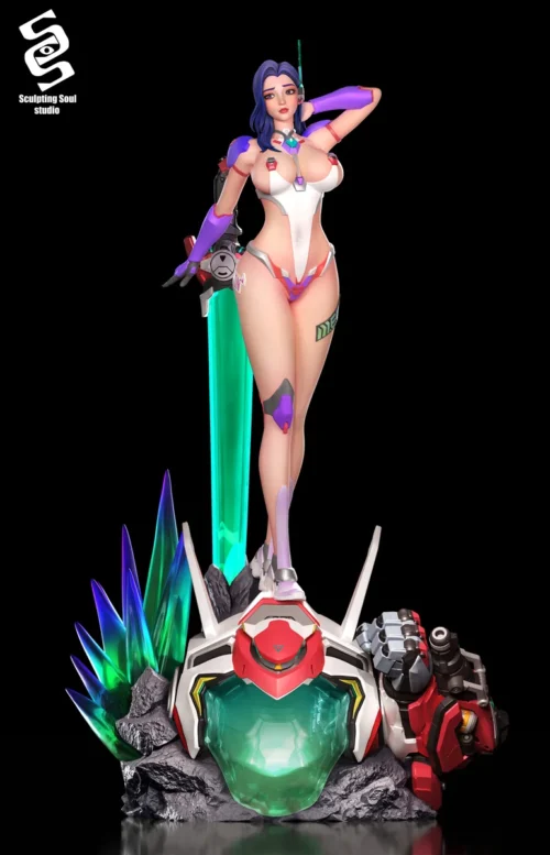 "Dynamic 1/4 scale Overwatch D.Mon Yuna Lee resin statue, showcasing the ultra-limited mech in a powerful, vibrant sci-fi pose."