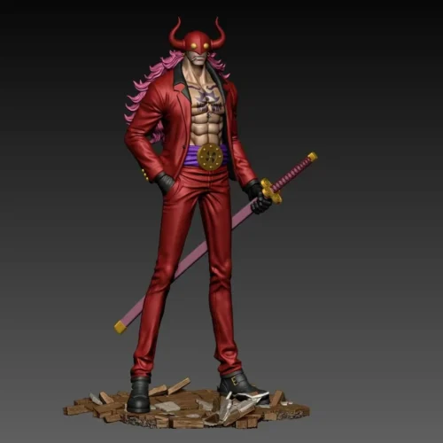 "Dynamic One Piece Who's-Who Longhu Studio statue, showcasing intricate battle-ready details and ferocious pose from a unique angle, set against."