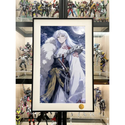 "Detailed gallery view of the premium Sesshomaru art print, highlighting the intricate celestial backdrop and hand-numbered collector's quality."