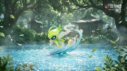 "Charming 1/20 Celebi 2.0 Pokemon figure gallery showing both playful flying and serene sleeping poses with vibrant multi-color details from Zaowuguan."