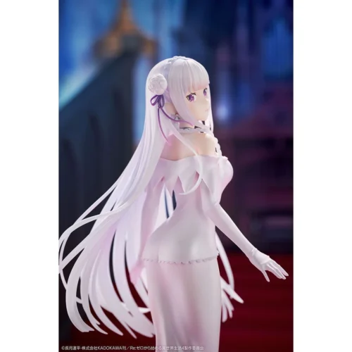 "Close-up views of the officially licensed Re:Zero Emilia wedding dress figure, showcasing her ethereal beauty, delicate lace gown, flowing veil."