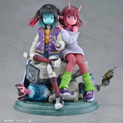 "Exquisite Medicos Chiharu & Makina dual figures, a charming duo in a retro-futuristic subway setting with a stunning starry cosmic backdrop."