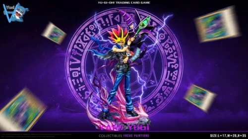 "Dynamic Dark Yugi and Dark Magician statue from Vzai Studio, poised in an intense Yu-Gi-Oh! battle scene, featuring exclusive dual head sculpts."