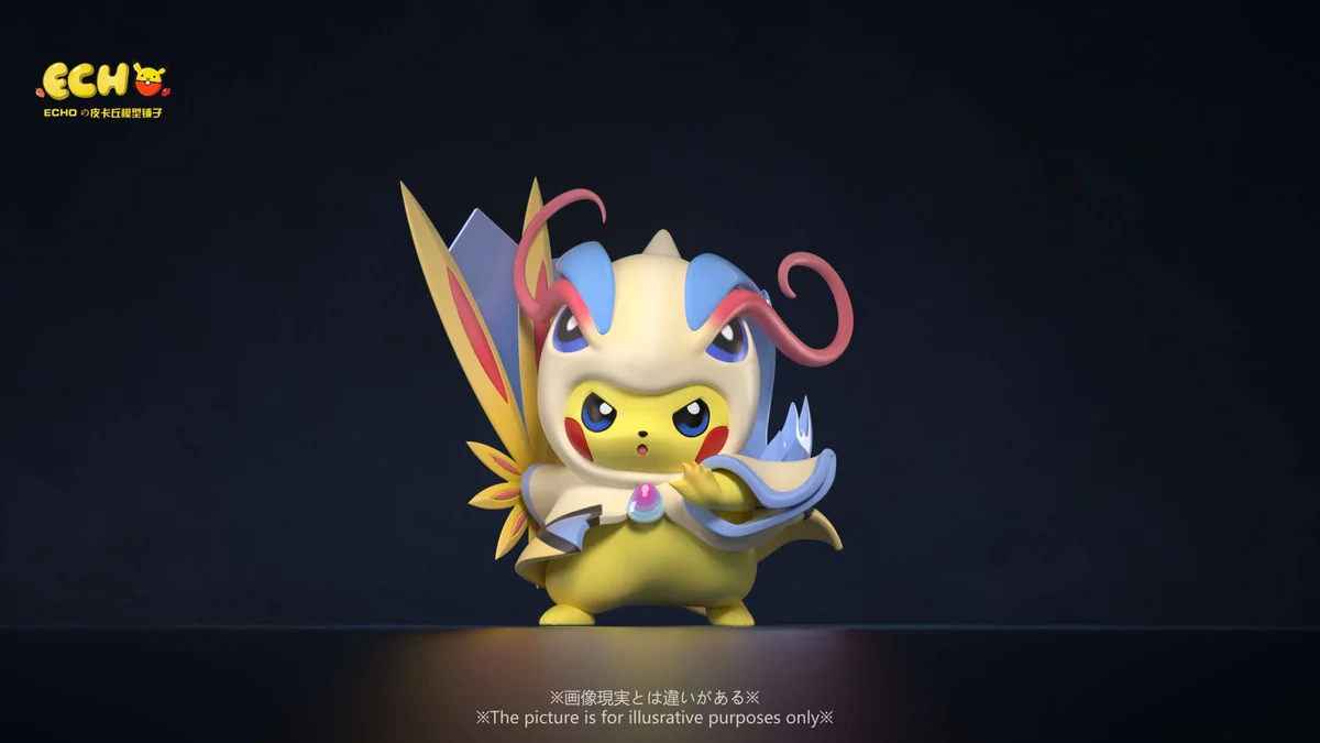 "Multiple angles reveal the charming, limited edition Pikachu Milotic Cosplay Figure by ECHO Studio, showcasing elegant details and dynamic water."