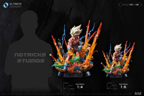 "Exquisite 1/6 & 1/4 Wrathful Silence Goku Super Saiyan resin statue by NOTRICKS STUDIOS, detailing dynamic battle poses and volcanic destruction."