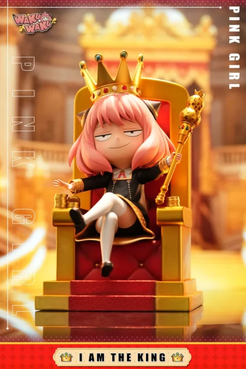 "WakuWaku Studio's premium Queen Anya Forger Spy x Family statue, showcasing a unique regal fantasy interpretation on an ornate throne."