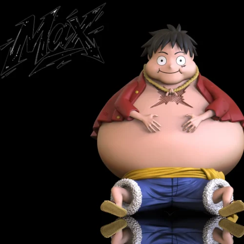 "Iconic Big Belly Luffy One Piece resin figure by Max Studio, capturing his comical chibi post-feast joy. Limited edition anime collectible."