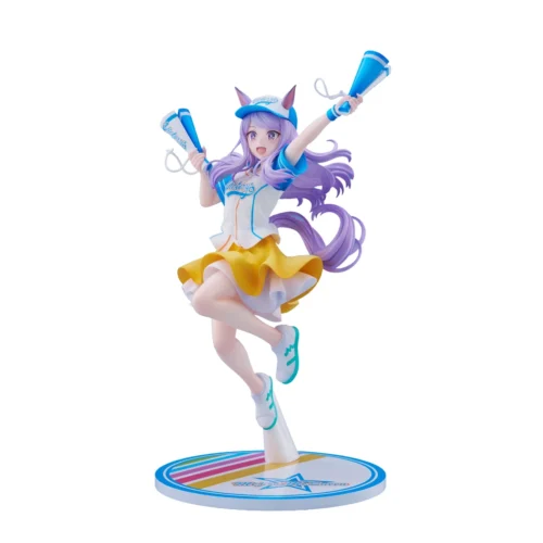 "Dynamic 1/7 scale Mejiro McQueen Uma Musume figure by Good Smile Company, depicted in an energetic, airborne racing pose with vibrant detail."