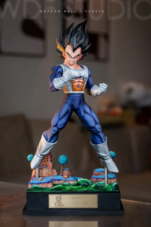 "Exclusive 1/6 Wodefa Studio Dragon Ball Z Prince Vegeta "Incompetent Prince" resin statue, dynamically posed on a detailed battle base, showcasing."