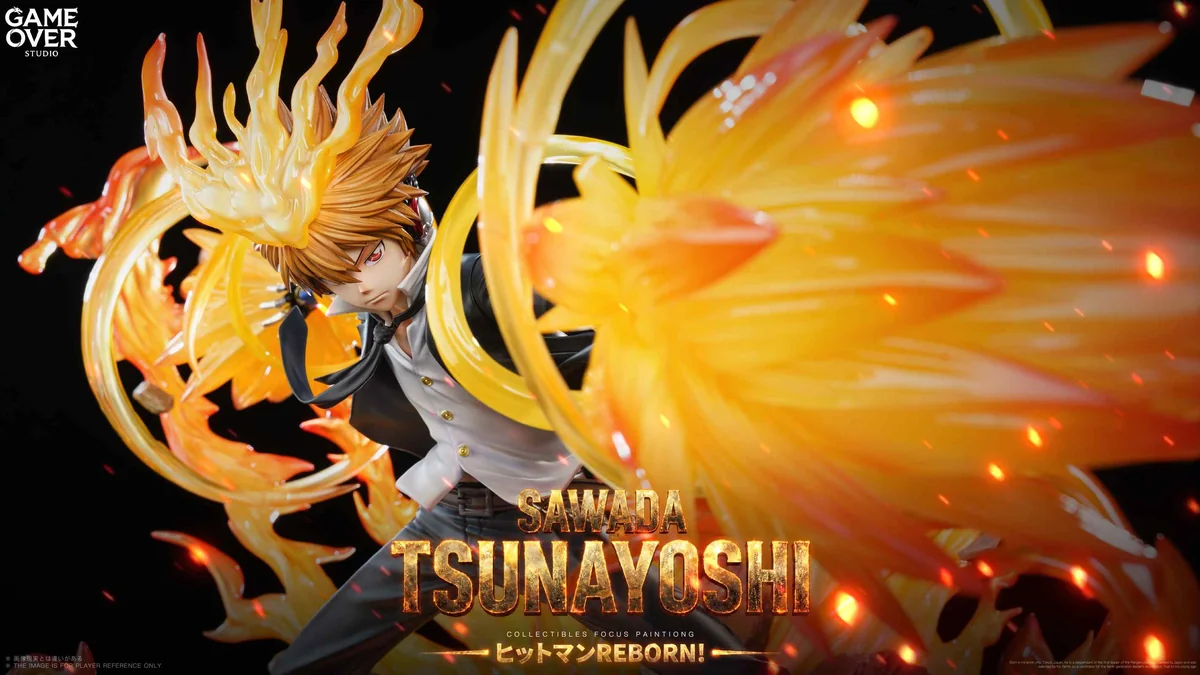 "Ultra-limited 1/6 Sawada Tsunayoshi premium resin statue, Katekyo Hitman Reborn!, showing dynamic action and intricate sculpt details from various."