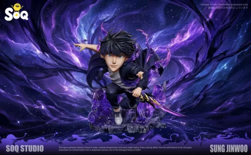 "Dynamic Chibi Sung Jinwoo Solo Leveling resin statue, playfully posed in battle with dark energy effects on its themed base."