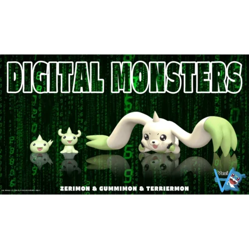 "Dynamic MH Scale Terriermon & Lopmon Digimon evolution chain statue set by Vzai Studio, showing premium details and intricate sculpting."