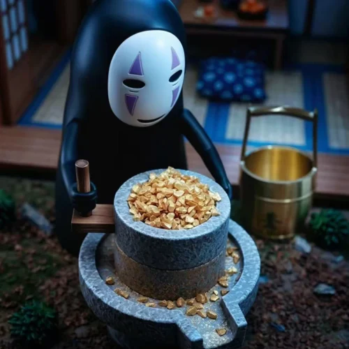 "Detailed view of the whimsical No-Face Man Spirited Away resin statue, highlighting the golden millstone as he grinds for prosperity and good fortune."