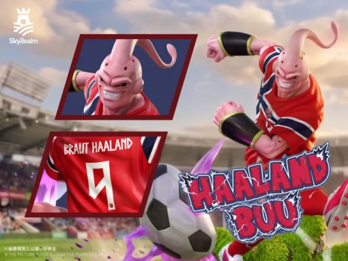"Dynamic Majin Buu Haaland resin statue by SkyRealm Studio, showcasing various angles of this playful Dragon Ball soccer crossover figure on a grassy."