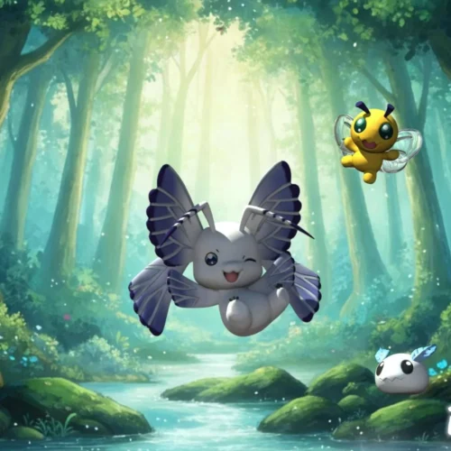 "Limited Edition Digimon Morphomon, Puwamon, Poromon evolutionary line resin statue, showcasing delicate figures on a natural, whimsical base."