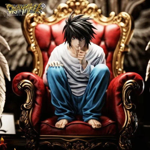 "L Lawliet Death Note statue by Dreammaker Studio. Iconic, large-scale, limited edition. Gallery views show its detailed design from all angles."
