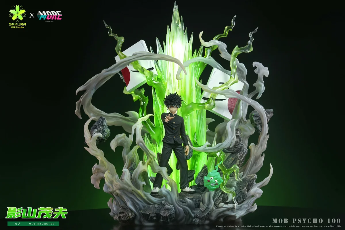 "Shigeo Kageyama Mob Psycho 100 resin statue main display, showcasing dynamic LED lighting and explosive psychic power in a premium limited edition."