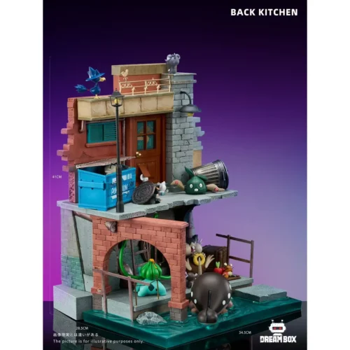 { "alt_text": "Detailed 1/20 City Back Kitchen Pokémon diorama with LED. Pokémon share a secret meal in a bustling kitchen, showcasing sculptura."