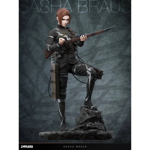"Limited Edition 1/6 Sasha Braus Attack on Titan statue by CHIKARA STUDIO, showcasing her dynamic action pose fiercely aiming her bow."